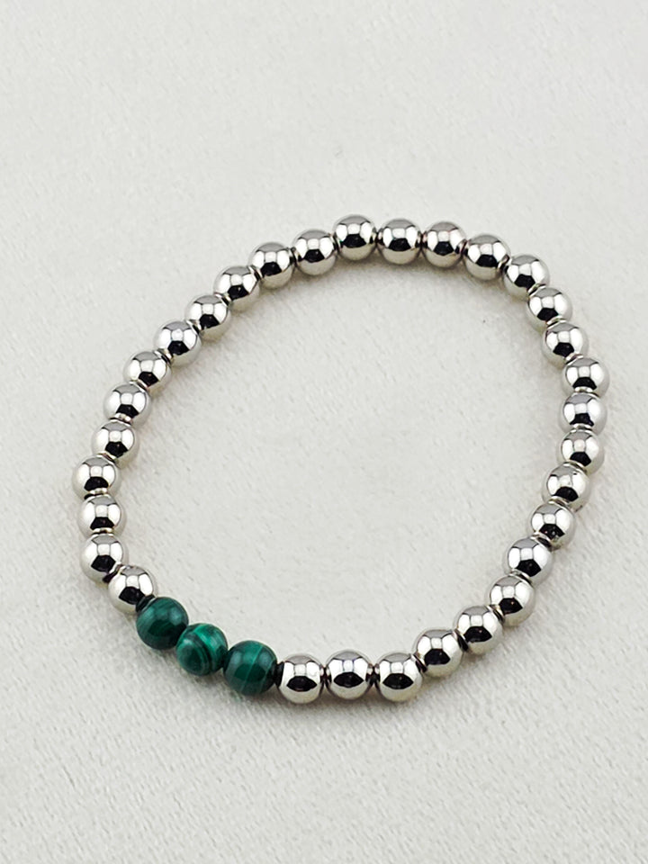 Silver Filled Malachite Stone Beaded Bracelet