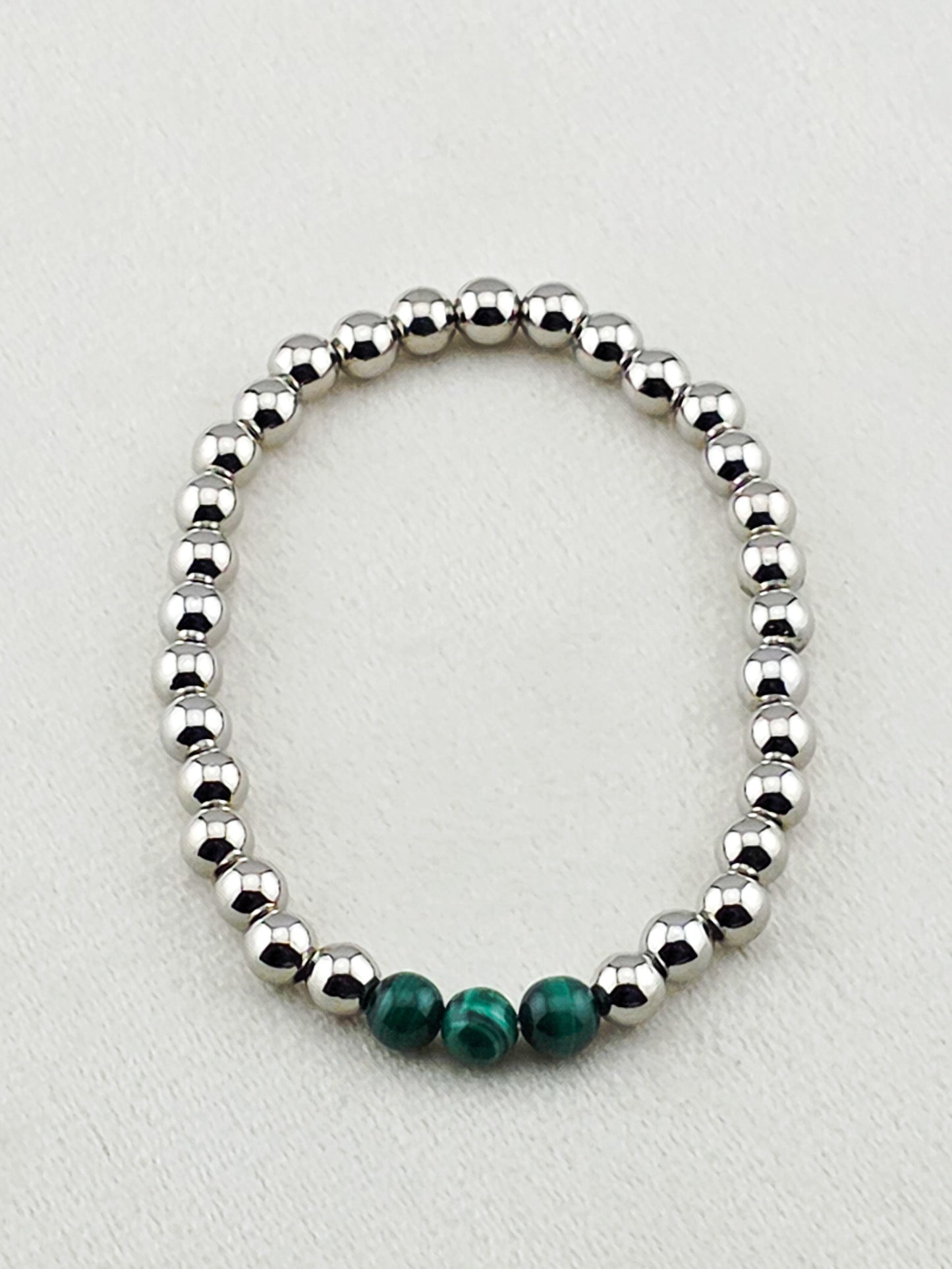 Silver Filled Malachite Stone Beaded Bracelet