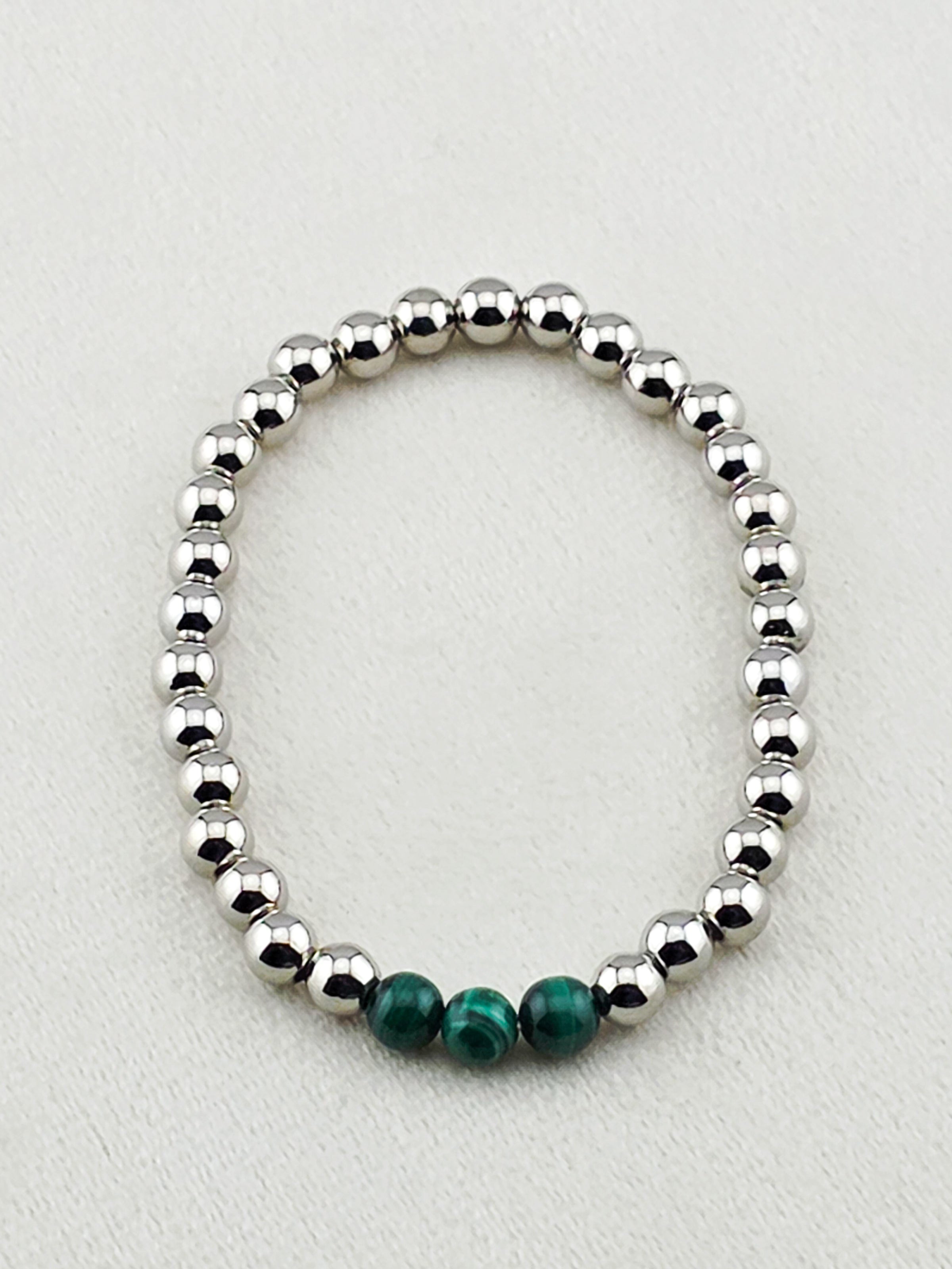 Silver Filled Malachite Stone Beaded Bracelet