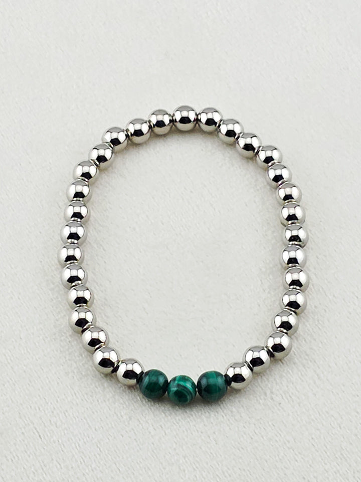 Silver Filled Malachite Stone Beaded Bracelet