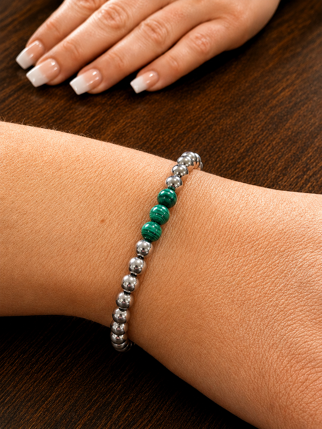 Silver Filled Malachite Beaded Bracelet