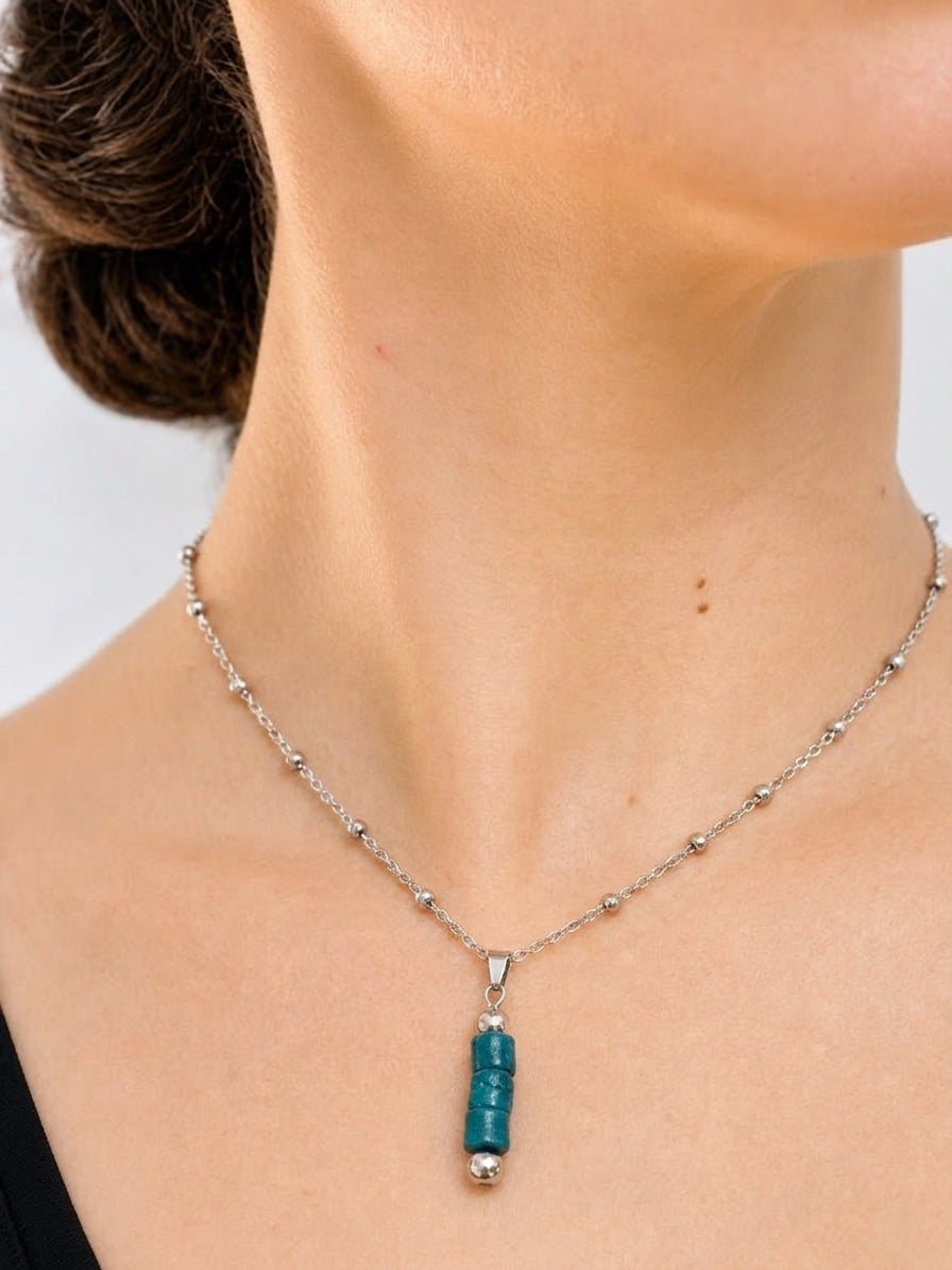 Teal Ghana Glass and Stainless Steel Chain Pendant Necklace