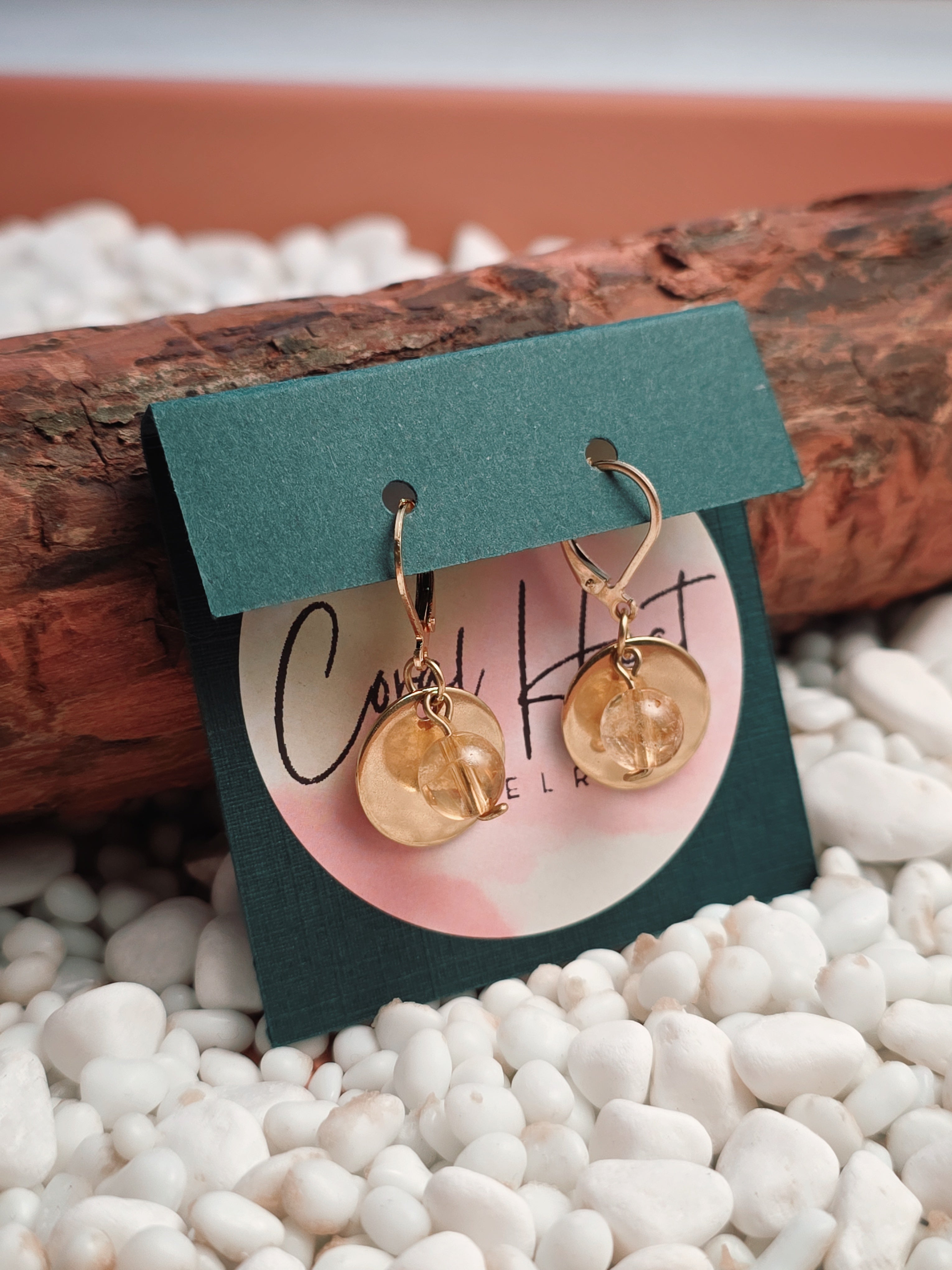 Gold Stainless Steel & Citrine Disc Earrings