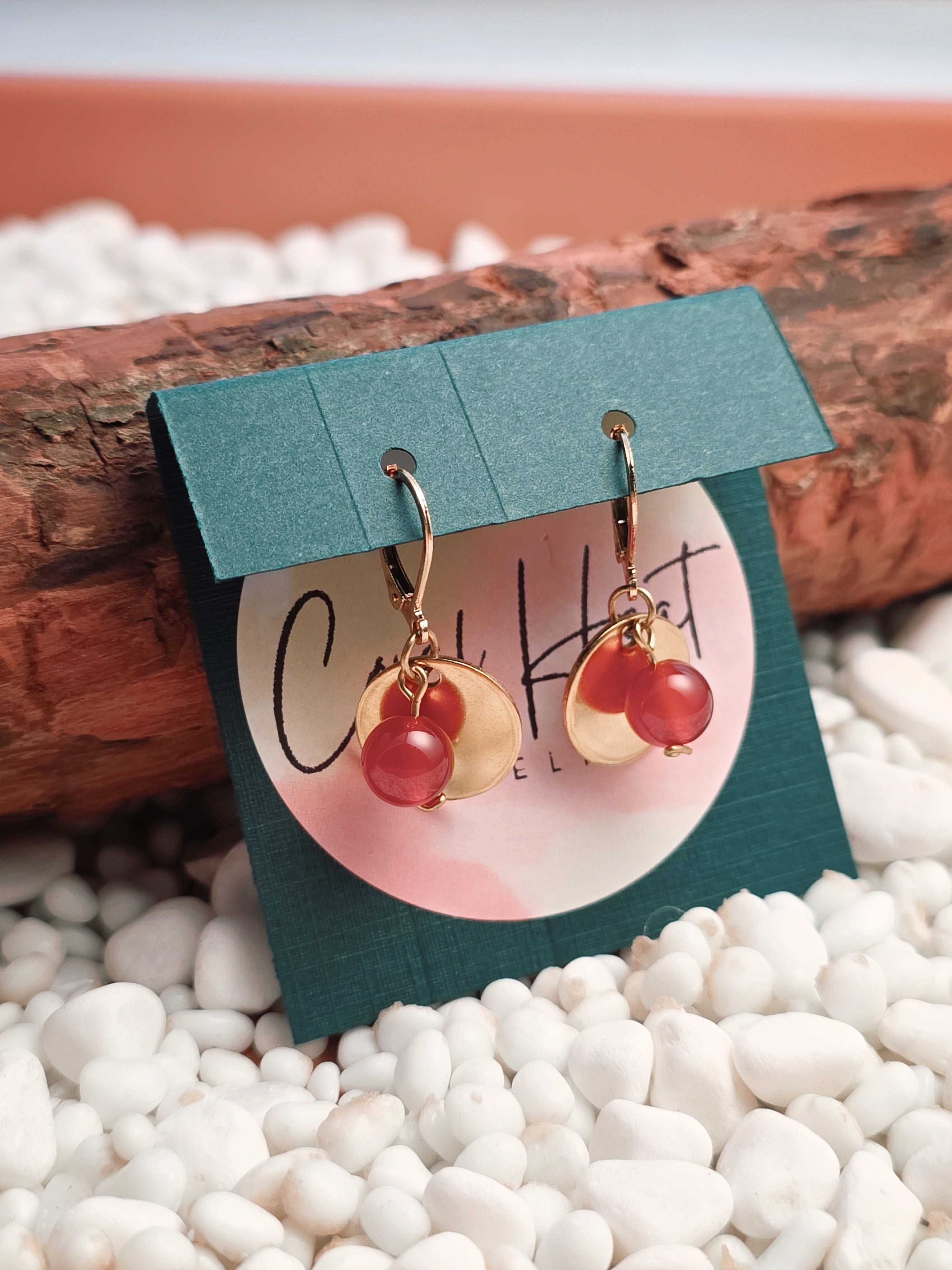 Gold Stainless Steel Carnelian Disc Earrings