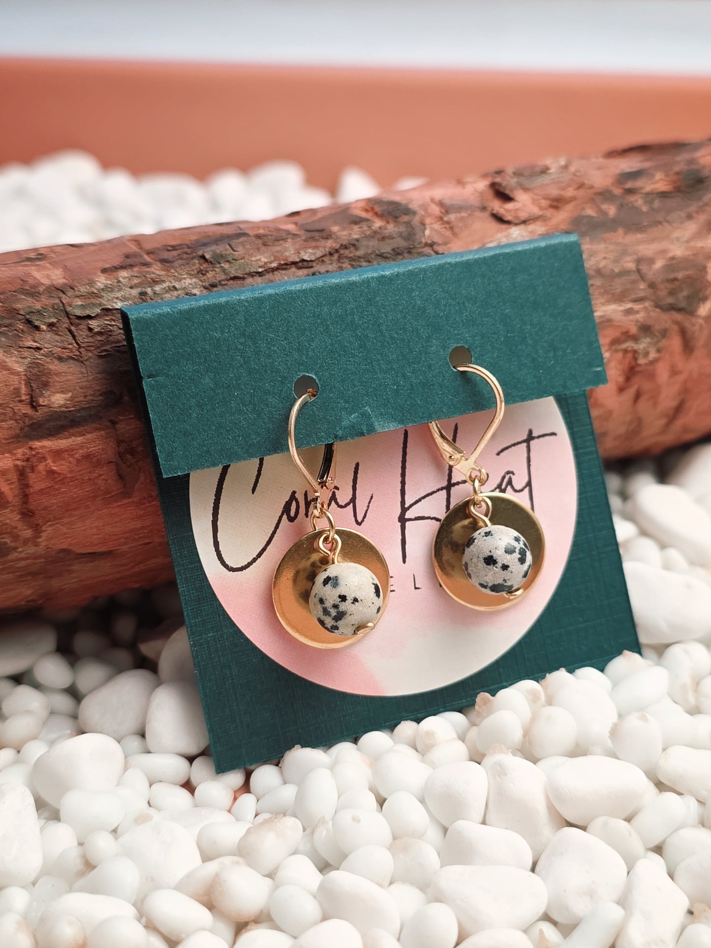 Gold Stainless Steel & Dalmatian Jasper Disc Earrings