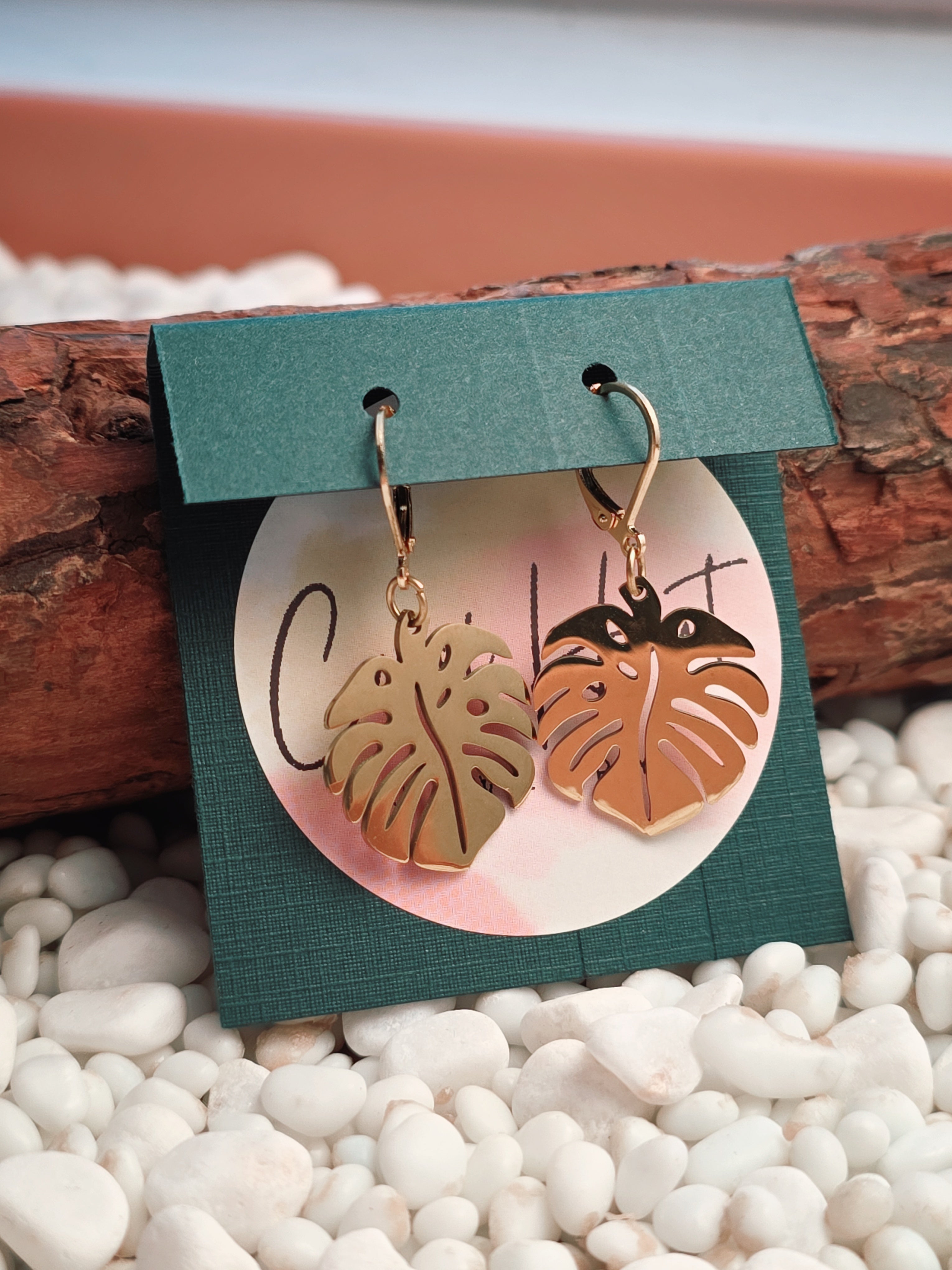 Gold Steel Monstera Earrings