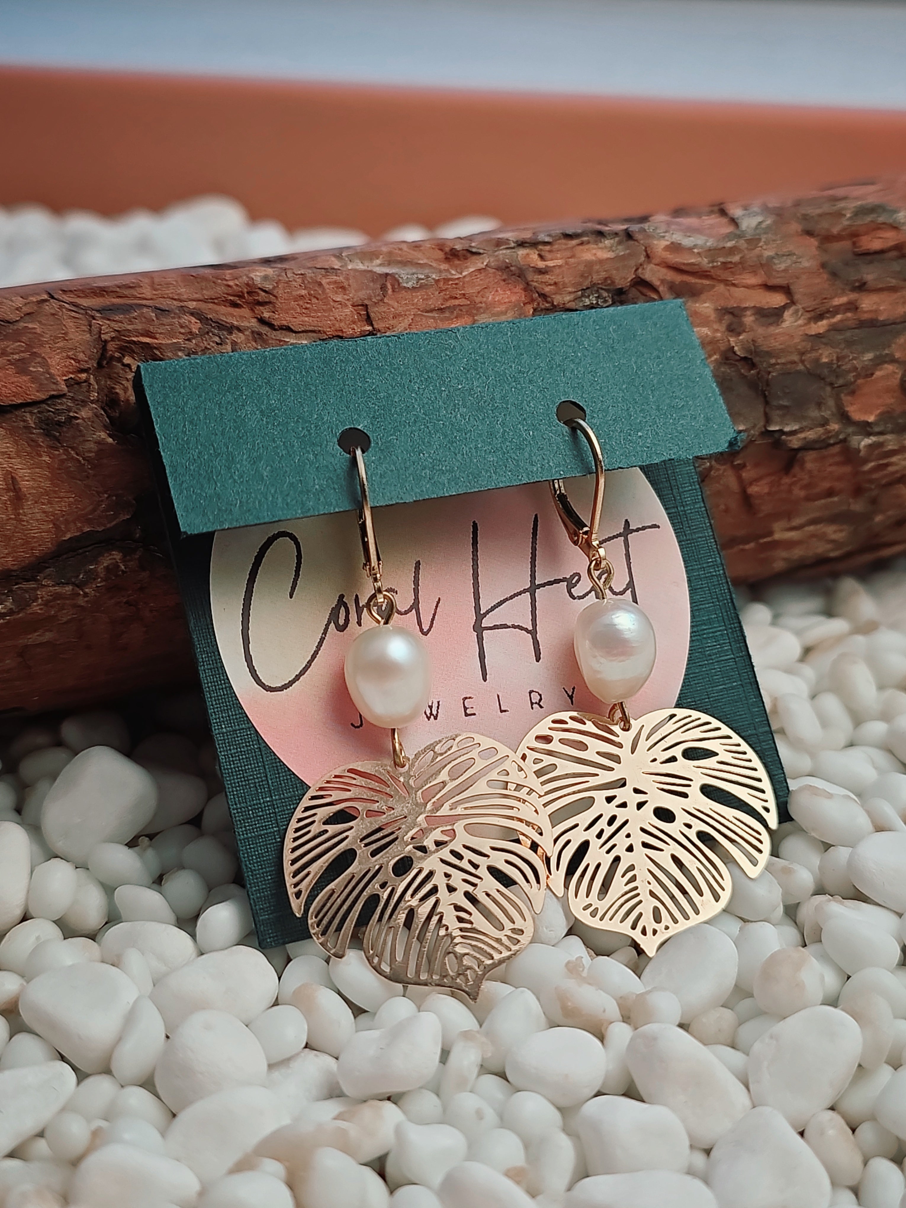 Gold Monstera & Pearl Earrings