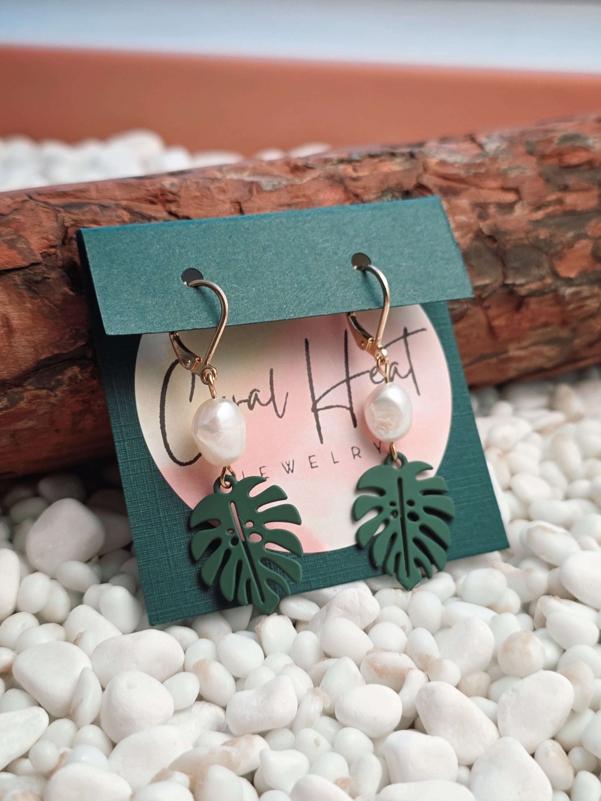 Green Monstera & Pearl Earrings