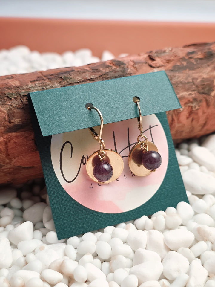 Gold Stainless Steel & Amethyst Disc Earrings