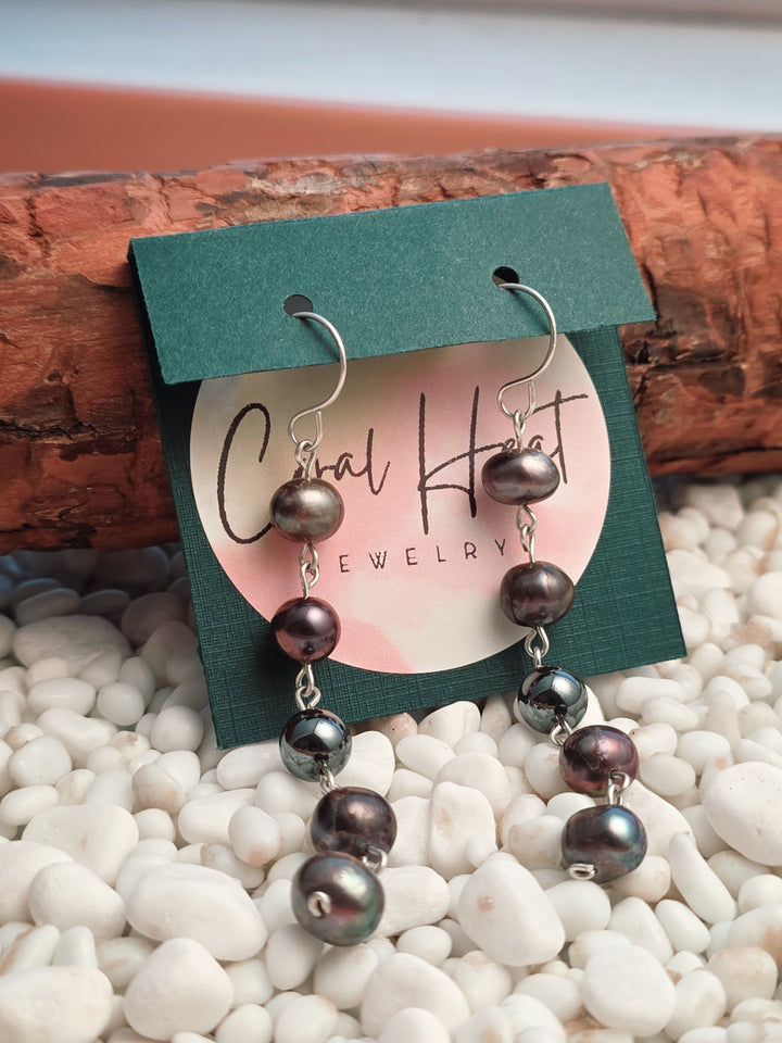 Peacock Pearl & Hematite Cascade Earrings
