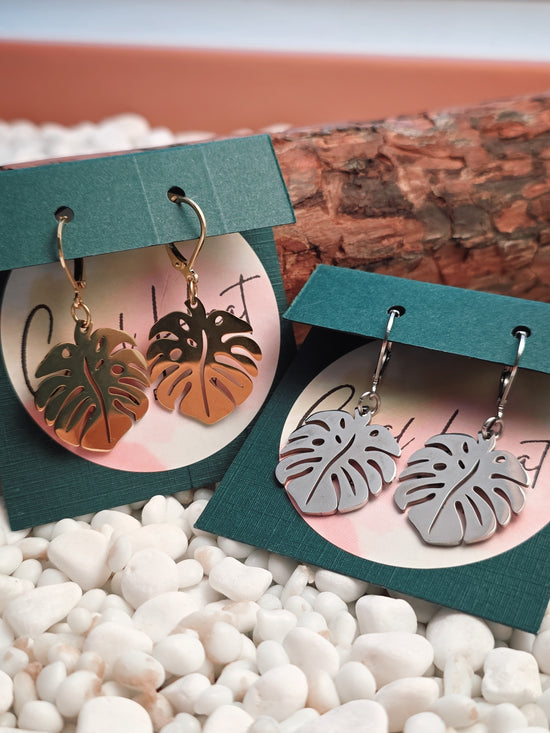 Silver Steel Monstera Earrings