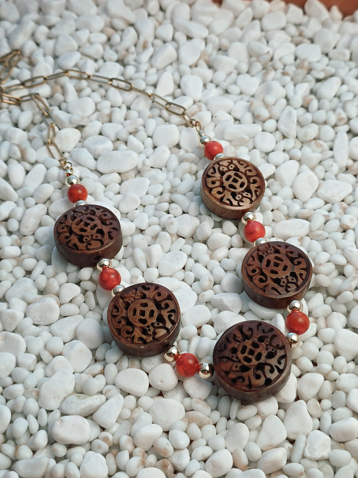 Coral Necklace With Carved Wood Coins