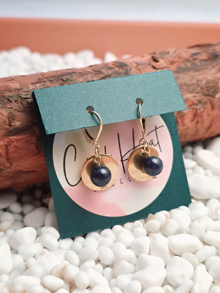 Gold Stainless Steel & Lapis Lazuli Disc Earrings