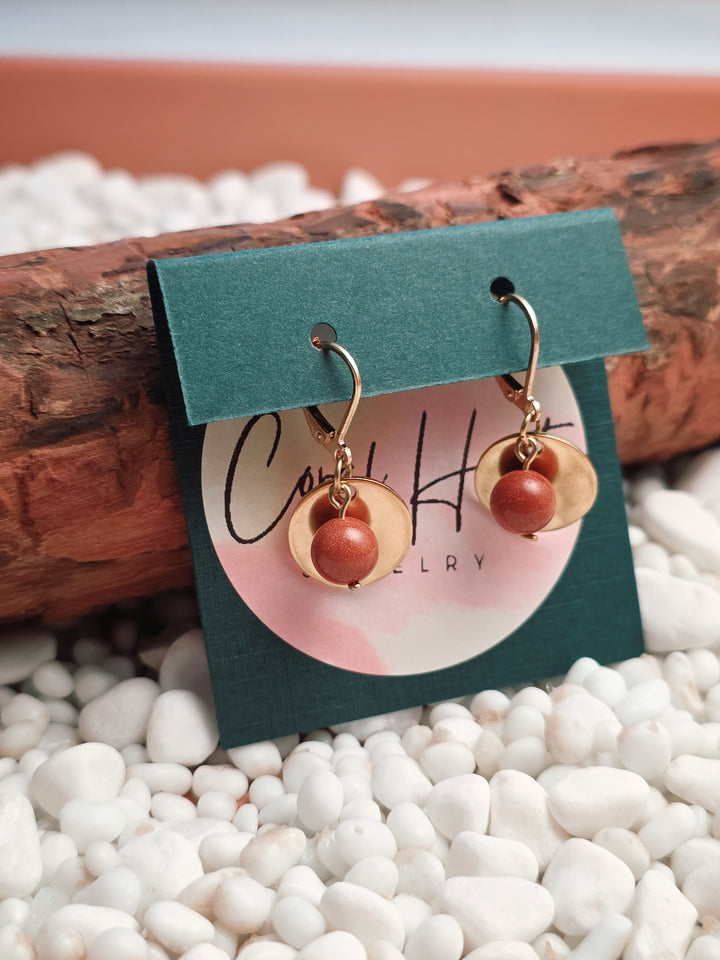 Gold Stainless Steel & Goldstone Disc Earrings