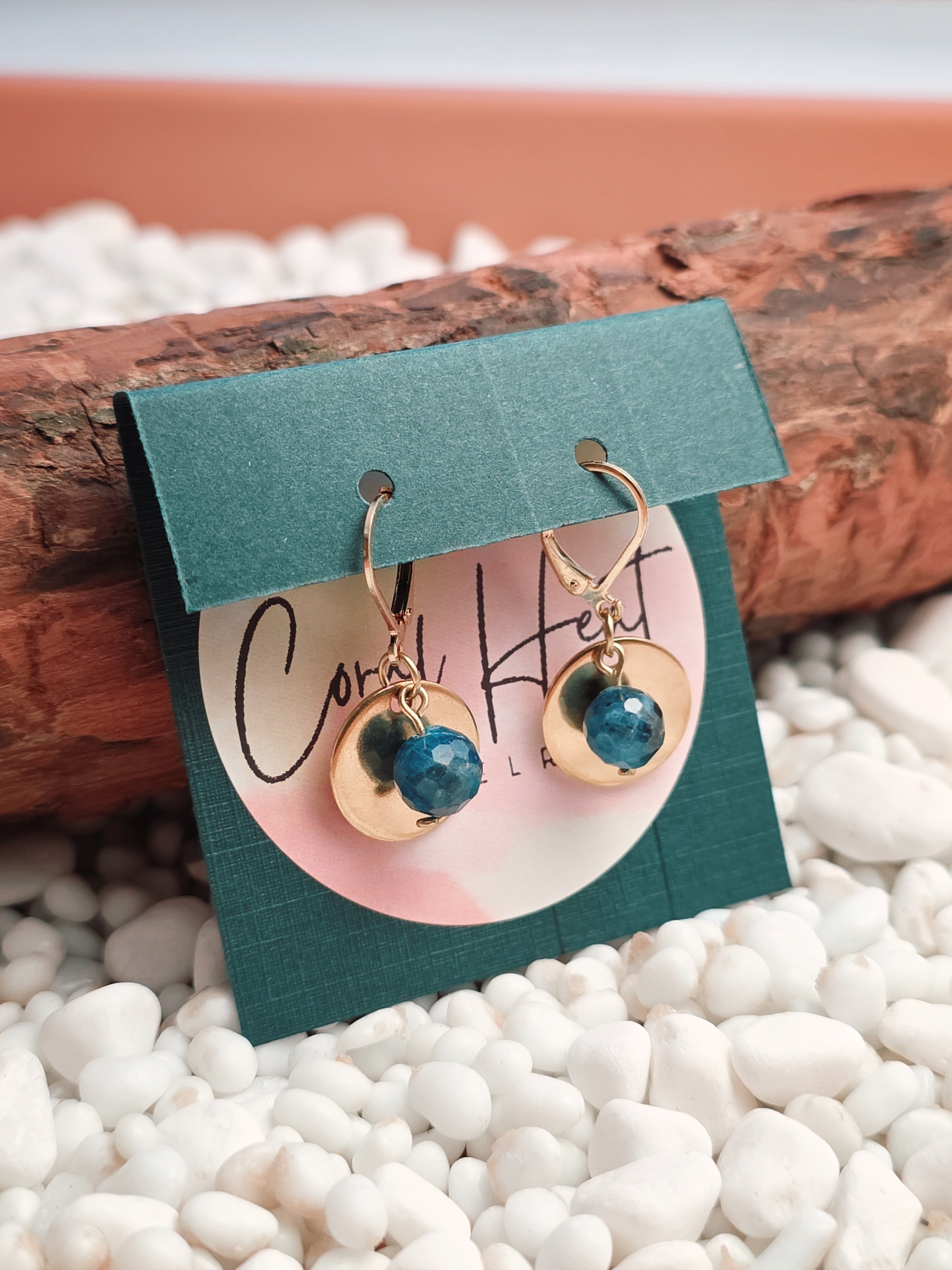 Gold Stainless Steel & Blue Apatite Stone Disc Earrings